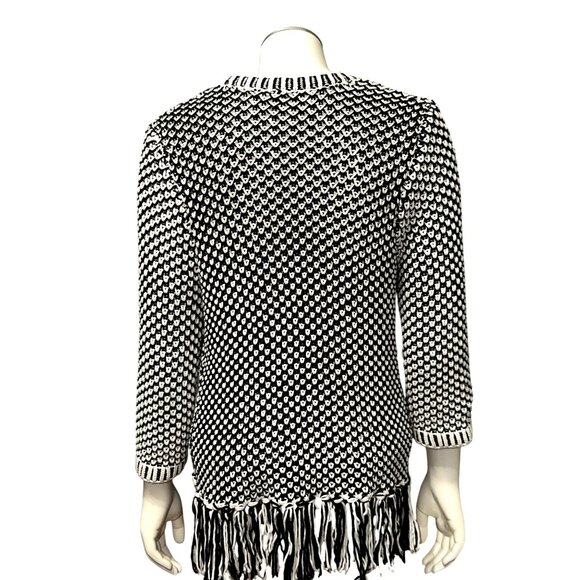 Chicos Black White Fringed Open Front Knit Cardigan Sweater 3/4 Sleeves Size 1 - Picture 3 of 13
